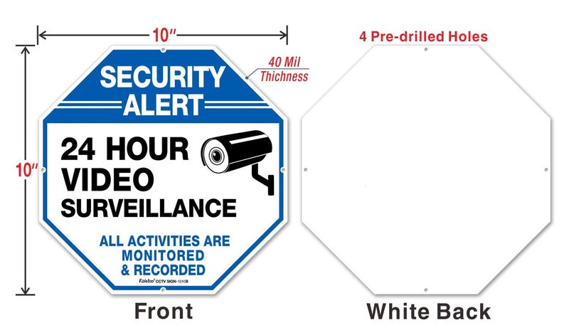 Faittoo (4 Pack)"Security Alert - 24 Hour Video Surveillance, All Activities Monitored" Signs,10 x 10 .040 Aluminum Reflective Warning Sign for Home Business CCTV Security Camera, Indoor or Outdoor Use,Blue - Image 2